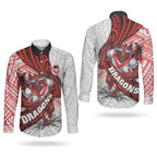 St George Illawarra Dragons Rugby Couples Matching Puletasi and Long Sleeve Button Shirt Tribal Polynesian Power Art - Lightning Mascot