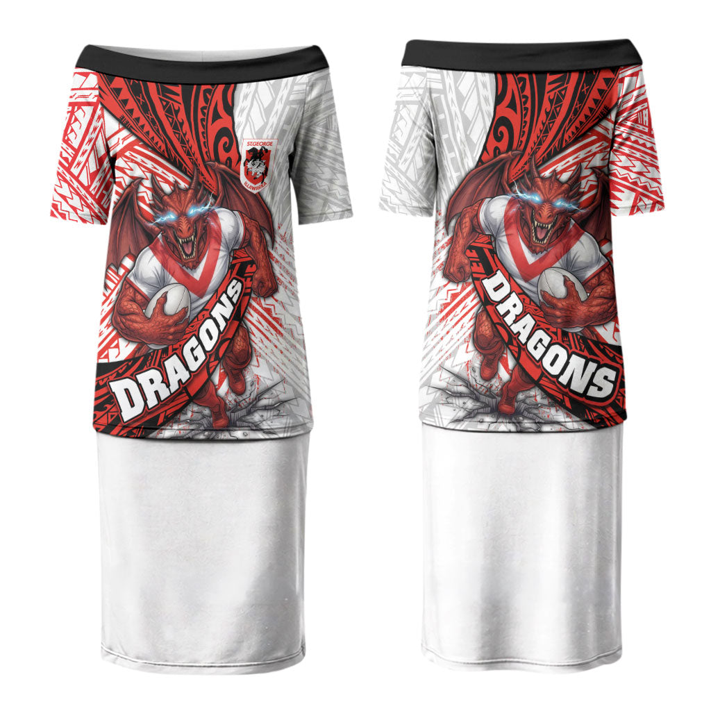 St George Illawarra Dragons Rugby Couples Matching Puletasi and Long Sleeve Button Shirt Tribal Polynesian Power Art - Lightning Mascot