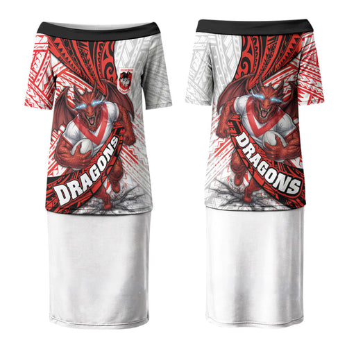 St George Illawarra Dragons Rugby Couples Matching Puletasi and Long Sleeve Button Shirt Tribal Polynesian Power Art - Lightning Mascot
