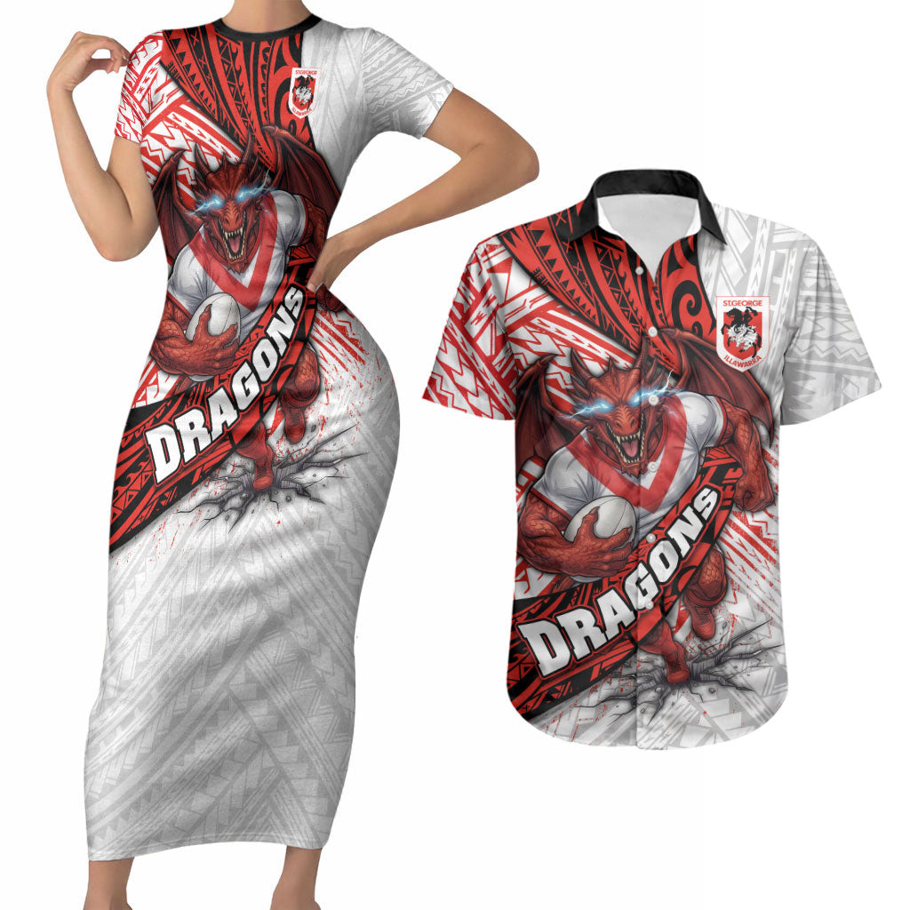 St George Illawarra Dragons Rugby Couples Matching Short Sleeve Bodycon Dress and Hawaiian Shirt Tribal Polynesian Power Art - Lightning Mascot