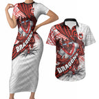 St George Illawarra Dragons Rugby Couples Matching Short Sleeve Bodycon Dress and Hawaiian Shirt Tribal Polynesian Power Art - Lightning Mascot