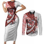 St George Illawarra Dragons Rugby Couples Matching Short Sleeve Bodycon Dress and Long Sleeve Button Shirt Tribal Polynesian Power Art - Lightning Mascot