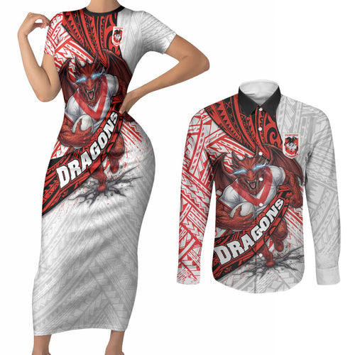 St George Illawarra Dragons Rugby Couples Matching Short Sleeve Bodycon Dress and Long Sleeve Button Shirt Tribal Polynesian Power Art - Lightning Mascot