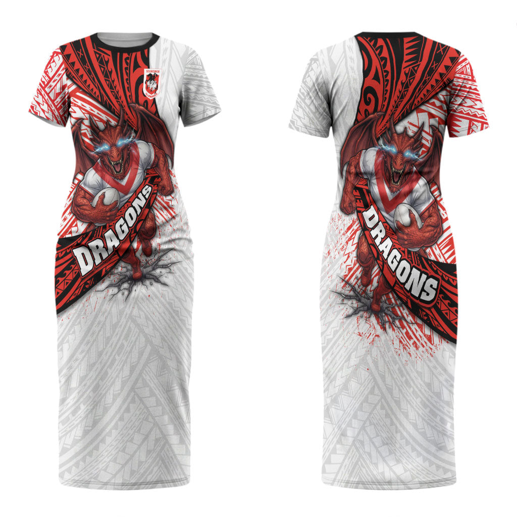 St George Illawarra Dragons Rugby Couples Matching Short Sleeve Bodycon Dress and Long Sleeve Button Shirt Tribal Polynesian Power Art - Lightning Mascot