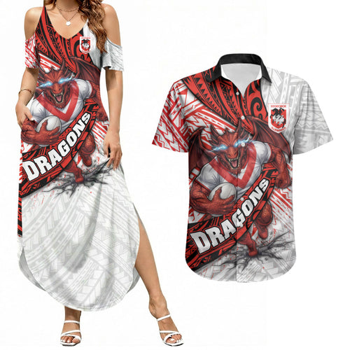 St George Illawarra Dragons Rugby Couples Matching Summer Maxi Dress and Hawaiian Shirt Tribal Polynesian Power Art - Lightning Mascot