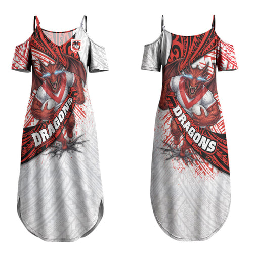 St George Illawarra Dragons Rugby Couples Matching Summer Maxi Dress and Hawaiian Shirt Tribal Polynesian Power Art - Lightning Mascot
