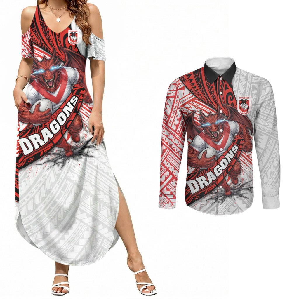St George Illawarra Dragons Rugby Couples Matching Summer Maxi Dress and Long Sleeve Button Shirt Tribal Polynesian Power Art - Lightning Mascot