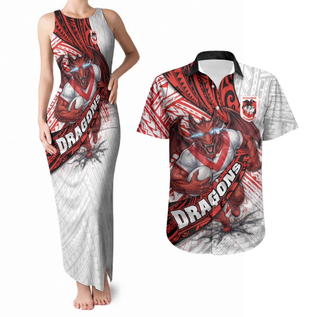 St George Illawarra Dragons Rugby Couples Matching Tank Maxi Dress and Hawaiian Shirt Tribal Polynesian Power Art - Lightning Mascot