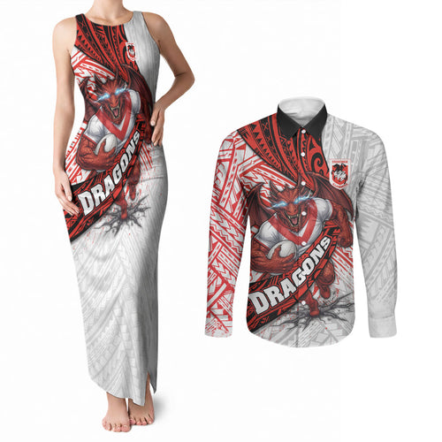 St George Illawarra Dragons Rugby Couples Matching Tank Maxi Dress and Long Sleeve Button Shirt Tribal Polynesian Power Art - Lightning Mascot