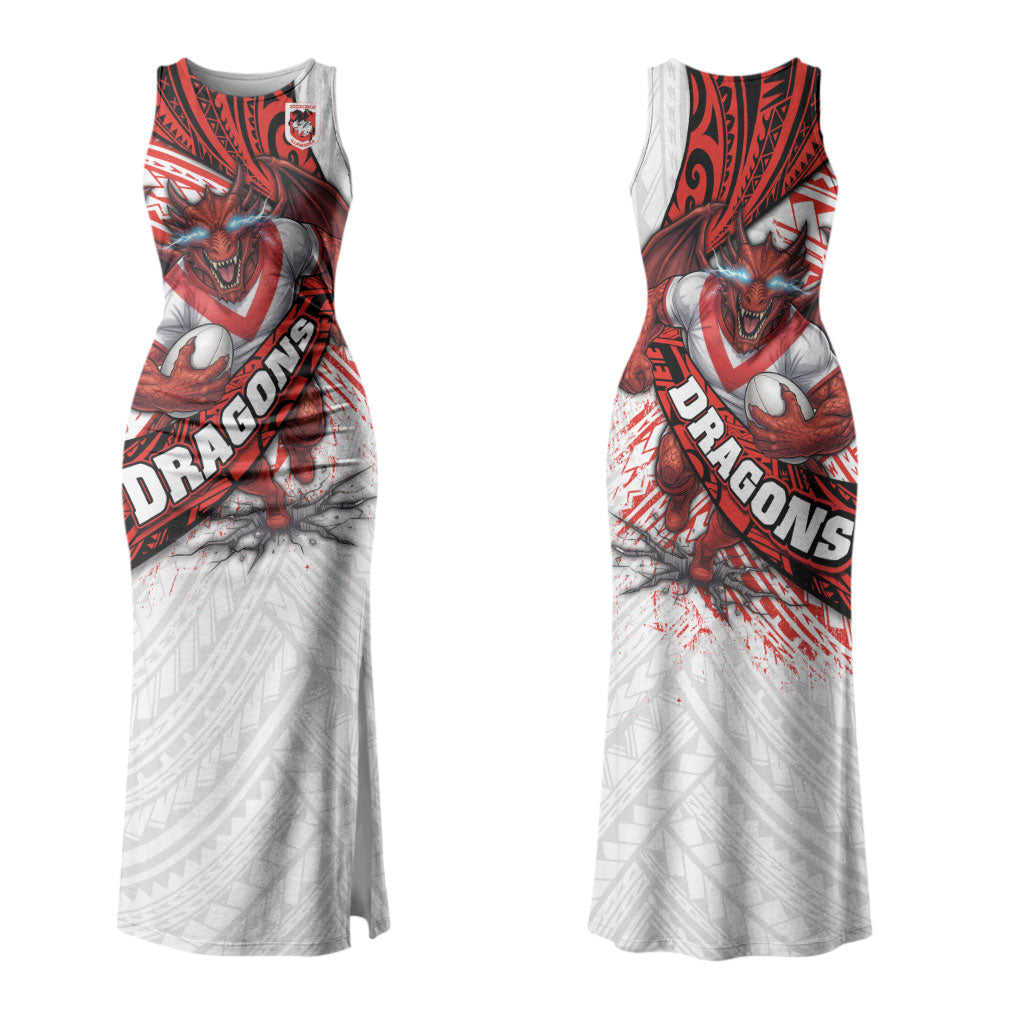 St George Illawarra Dragons Rugby Couples Matching Tank Maxi Dress and Long Sleeve Button Shirt Tribal Polynesian Power Art - Lightning Mascot