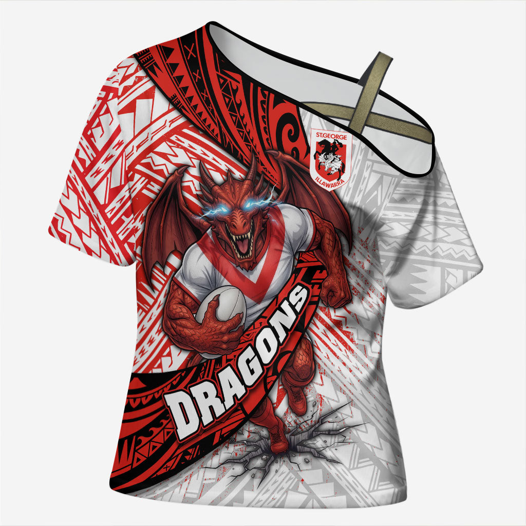 St George Illawarra Dragons Rugby Cross Shoulder Shirt Tribal Polynesian Power Art - Lightning Mascot