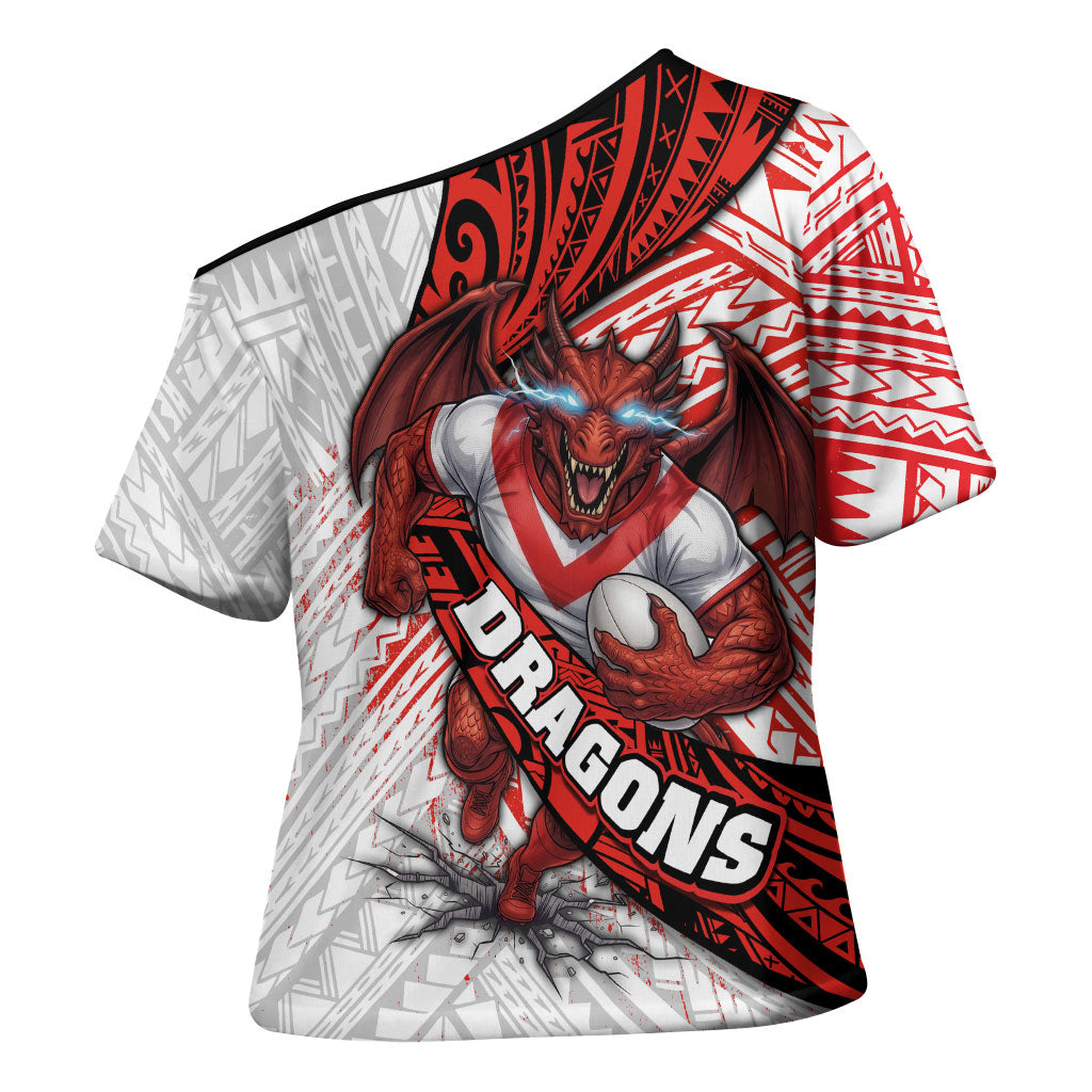 St George Illawarra Dragons Rugby Cross Shoulder Shirt Tribal Polynesian Power Art - Lightning Mascot