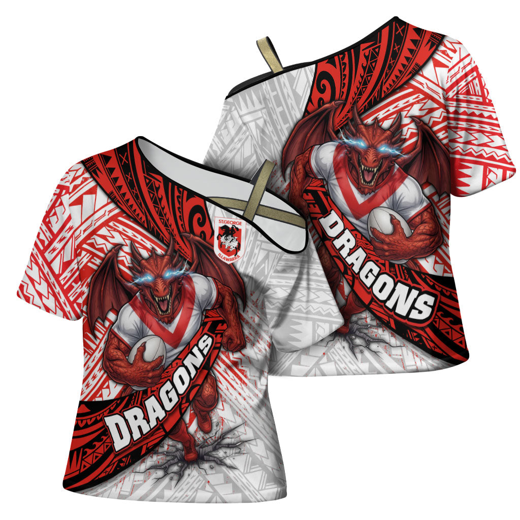 St George Illawarra Dragons Rugby Cross Shoulder Shirt Tribal Polynesian Power Art - Lightning Mascot