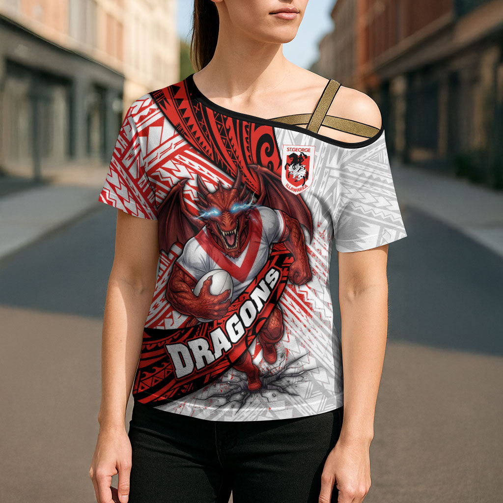 St George Illawarra Dragons Rugby Cross Shoulder Shirt Tribal Polynesian Power Art - Lightning Mascot