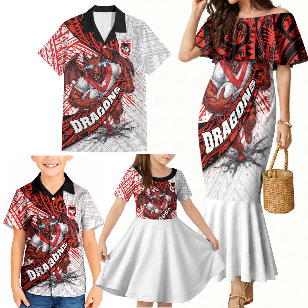 St George Illawarra Dragons Rugby Family Matching Mermaid Dress and Hawaiian Shirt Tribal Polynesian Power Art - Lightning Mascot