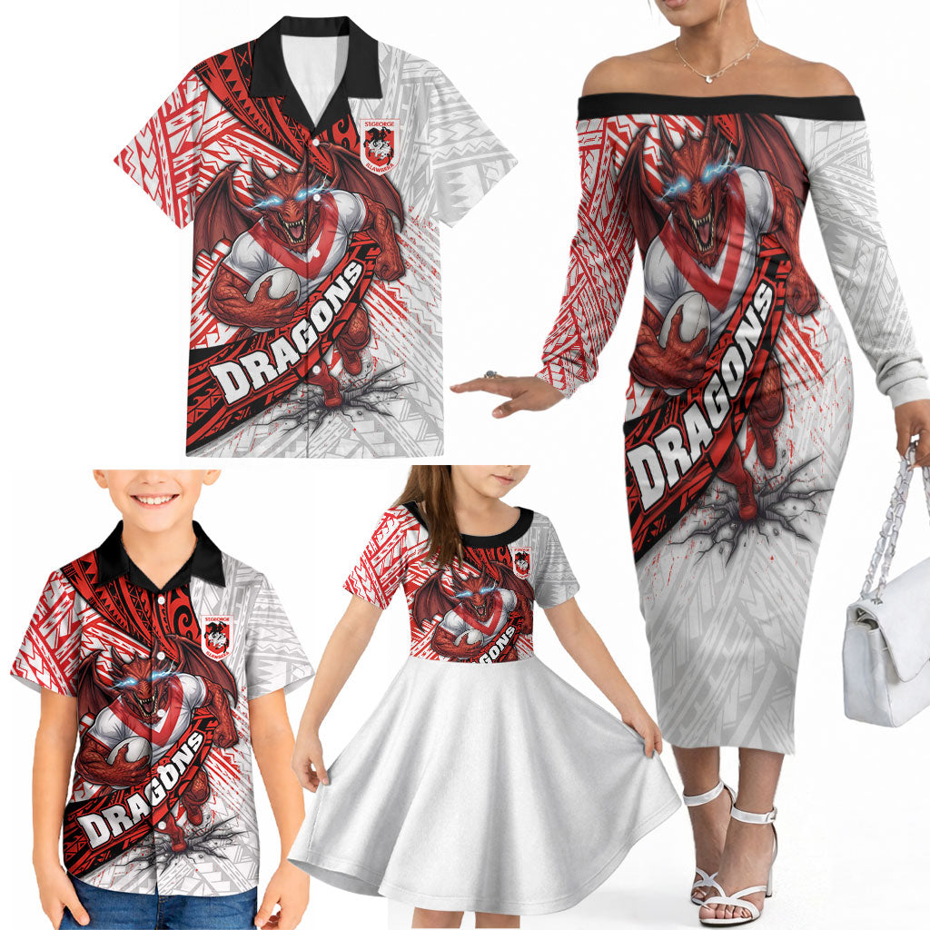 St George Illawarra Dragons Rugby Family Matching Off The Shoulder Long Sleeve Dress and Hawaiian Shirt Tribal Polynesian Power Art - Lightning Mascot