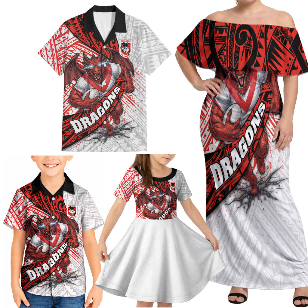 St George Illawarra Dragons Rugby Family Matching Off Shoulder Maxi Dress and Hawaiian Shirt Tribal Polynesian Power Art - Lightning Mascot