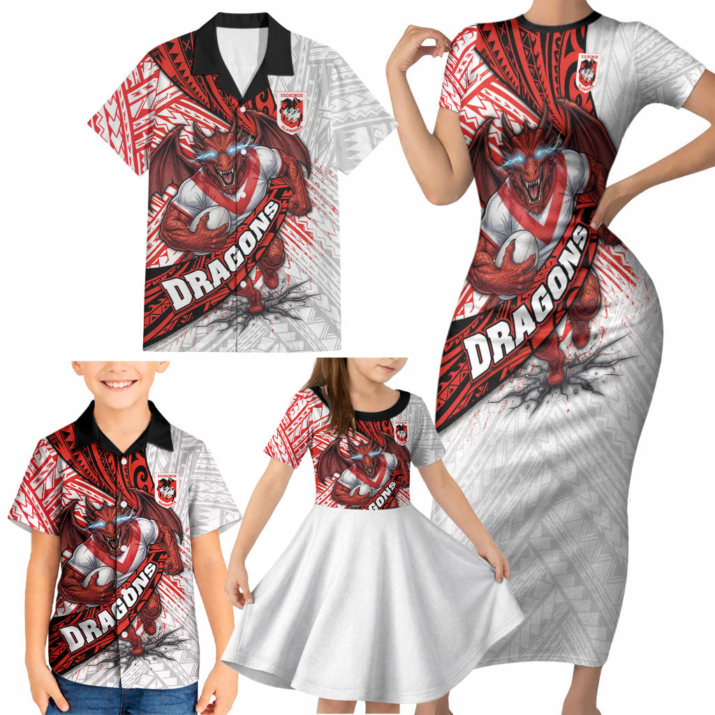 St George Illawarra Dragons Rugby Family Matching Short Sleeve Bodycon Dress and Hawaiian Shirt Tribal Polynesian Power Art - Lightning Mascot