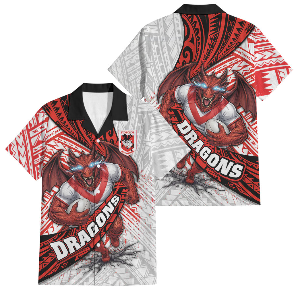 St George Illawarra Dragons Rugby Family Matching Short Sleeve Bodycon Dress and Hawaiian Shirt Tribal Polynesian Power Art - Lightning Mascot