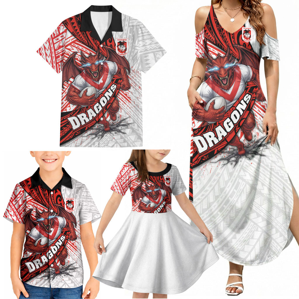 St George Illawarra Dragons Rugby Family Matching Summer Maxi Dress and Hawaiian Shirt Tribal Polynesian Power Art - Lightning Mascot