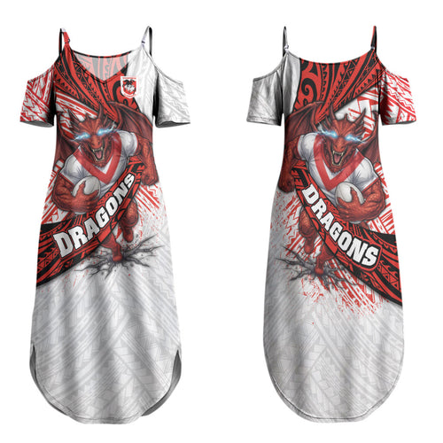 St George Illawarra Dragons Rugby Family Matching Summer Maxi Dress and Hawaiian Shirt Tribal Polynesian Power Art - Lightning Mascot