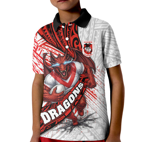 St George Illawarra Dragons Rugby Kid Polo Shirt Tribal Polynesian Power Art - Lightning Mascot