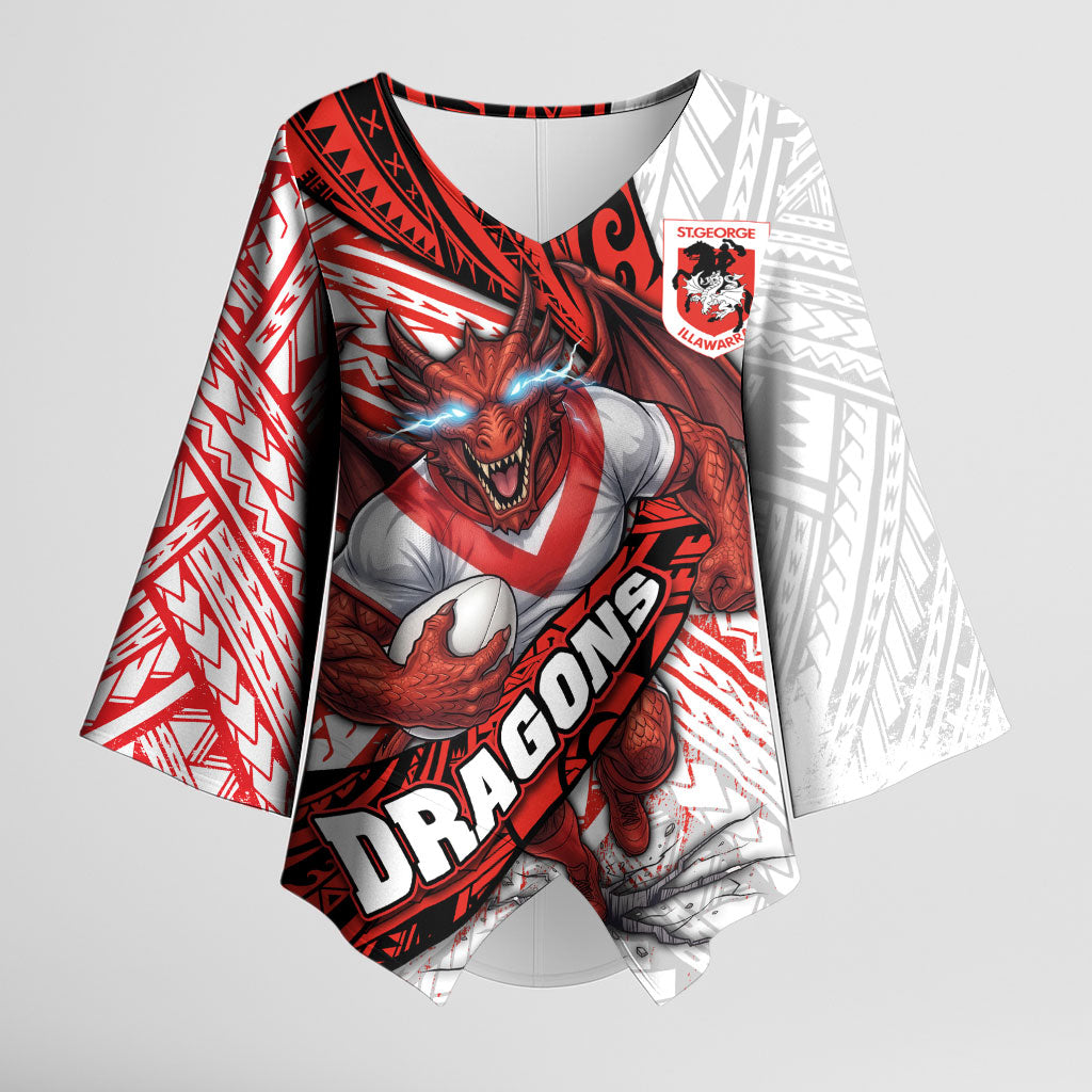 St George Illawarra Dragons Rugby Kimono Sleeve Blouse Tribal Polynesian Power Art - Lightning Mascot