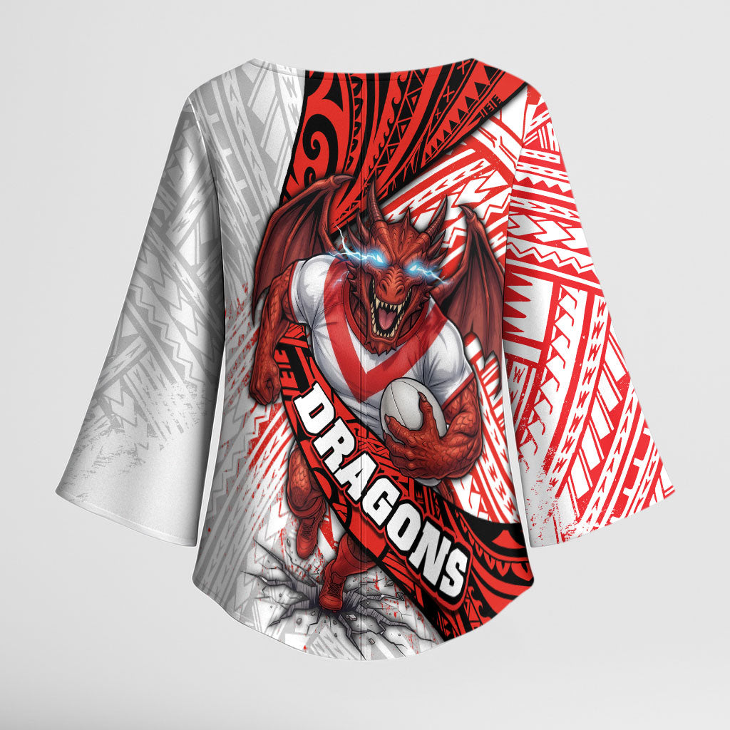 St George Illawarra Dragons Rugby Kimono Sleeve Blouse Tribal Polynesian Power Art - Lightning Mascot