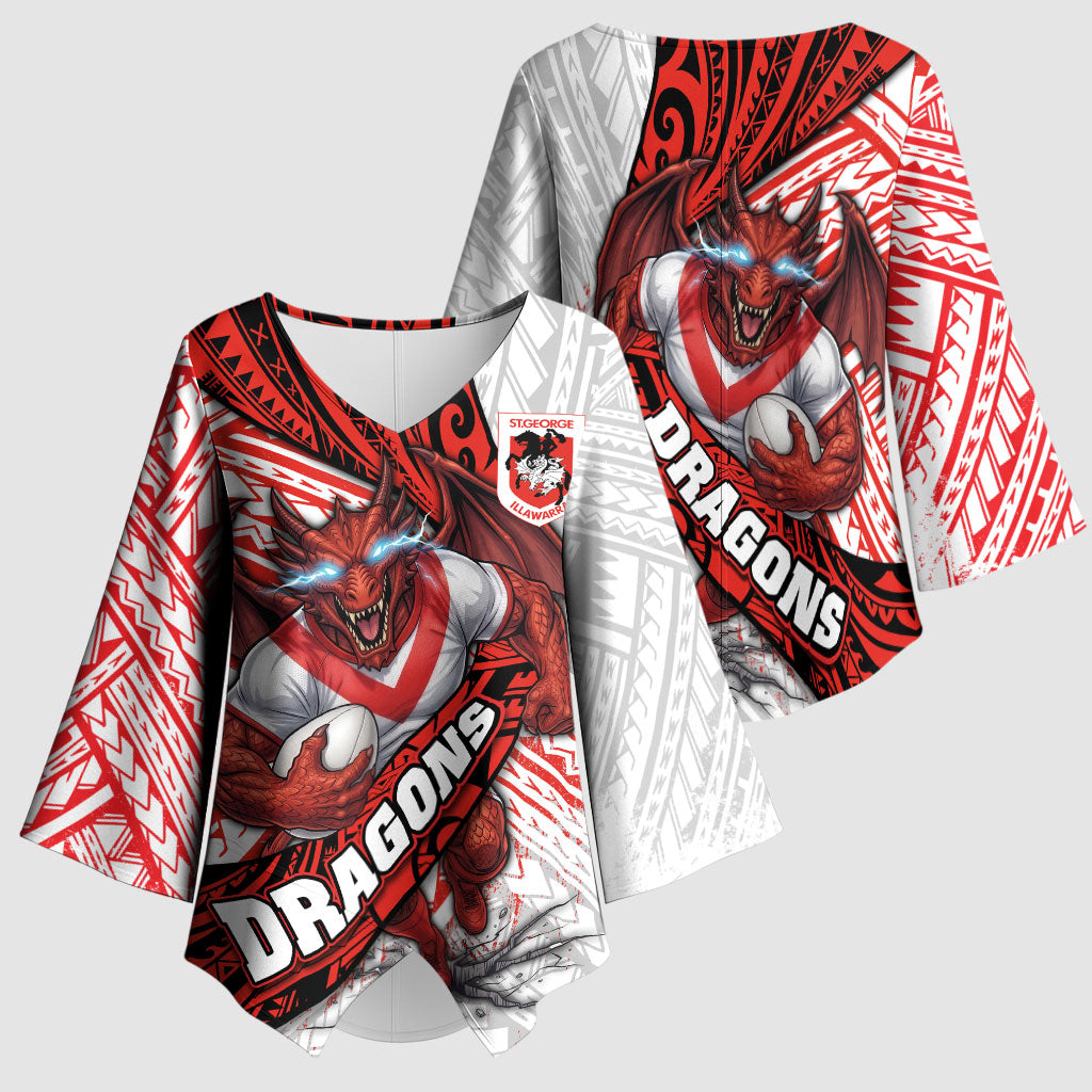 St George Illawarra Dragons Rugby Kimono Sleeve Blouse Tribal Polynesian Power Art - Lightning Mascot