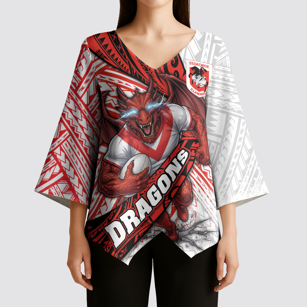 St George Illawarra Dragons Rugby Kimono Sleeve Blouse Tribal Polynesian Power Art - Lightning Mascot
