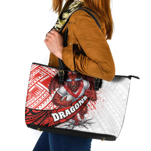 St George Illawarra Dragons Rugby Leather Tote Bag Tribal Polynesian Power Art - Lightning Mascot