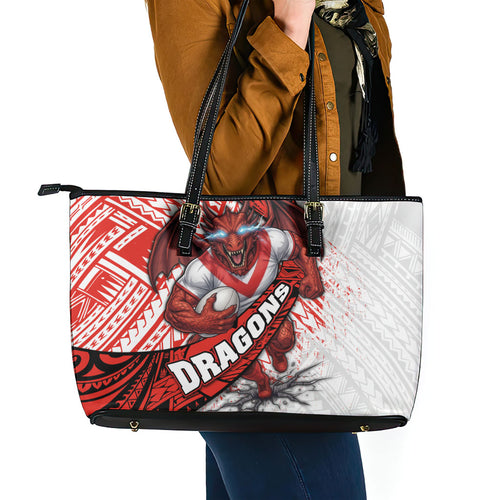St George Illawarra Dragons Rugby Leather Tote Bag Tribal Polynesian Power Art - Lightning Mascot