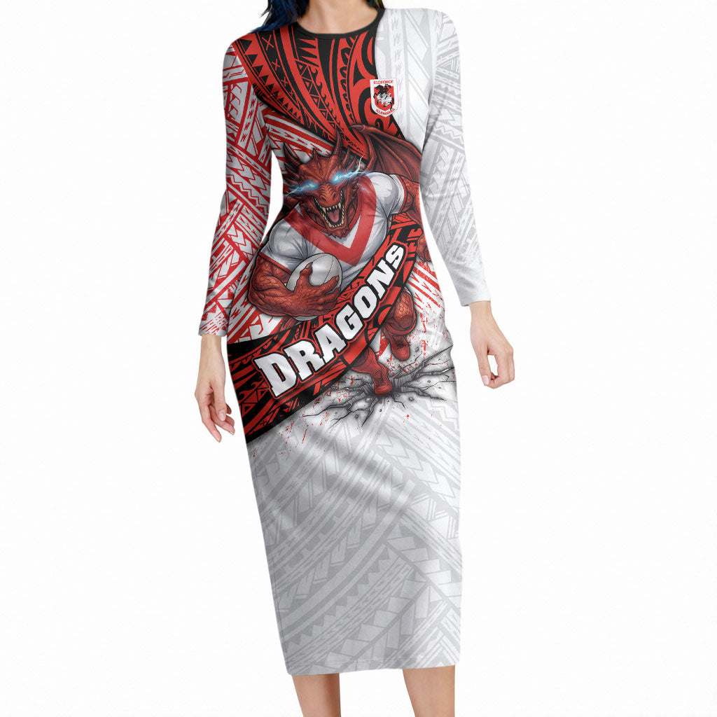 St George Illawarra Dragons Rugby Long Sleeve Bodycon Dress Tribal Polynesian Power Art - Lightning Mascot