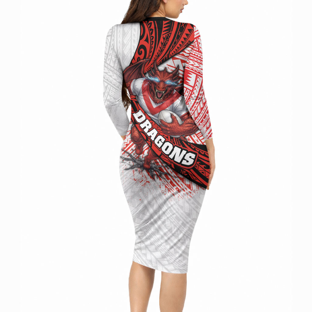 St George Illawarra Dragons Rugby Long Sleeve Bodycon Dress Tribal Polynesian Power Art - Lightning Mascot
