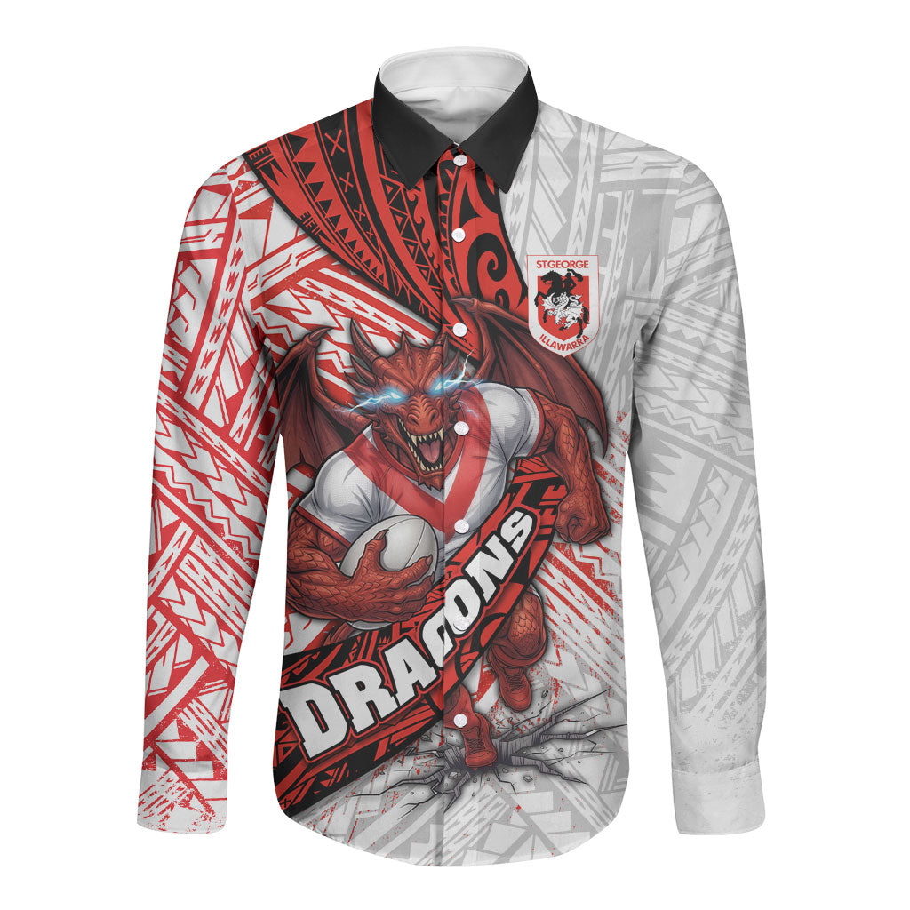 St George Illawarra Dragons Rugby Long Sleeve Button Shirt Tribal Polynesian Power Art - Lightning Mascot