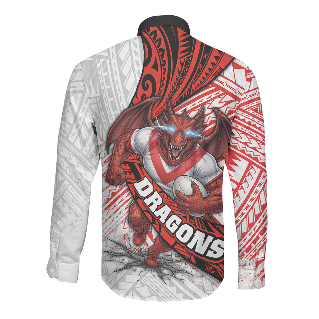 St George Illawarra Dragons Rugby Long Sleeve Button Shirt Tribal Polynesian Power Art - Lightning Mascot