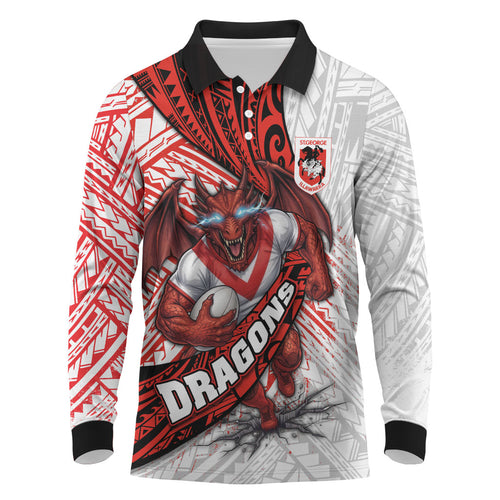 St George Illawarra Dragons Rugby Long Sleeve Polo Shirt Tribal Polynesian Power Art - Lightning Mascot