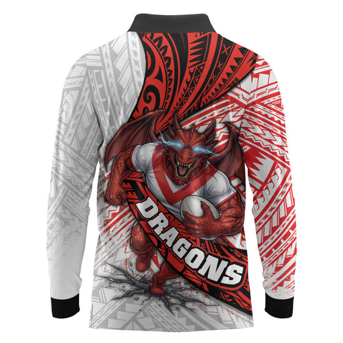 St George Illawarra Dragons Rugby Long Sleeve Polo Shirt Tribal Polynesian Power Art - Lightning Mascot