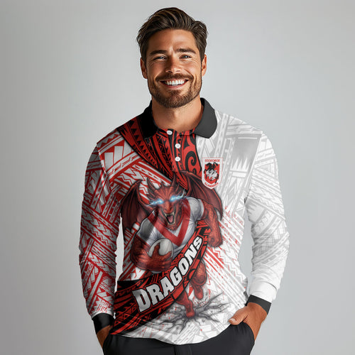 St George Illawarra Dragons Rugby Long Sleeve Polo Shirt Tribal Polynesian Power Art - Lightning Mascot