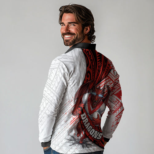 St George Illawarra Dragons Rugby Long Sleeve Polo Shirt Tribal Polynesian Power Art - Lightning Mascot