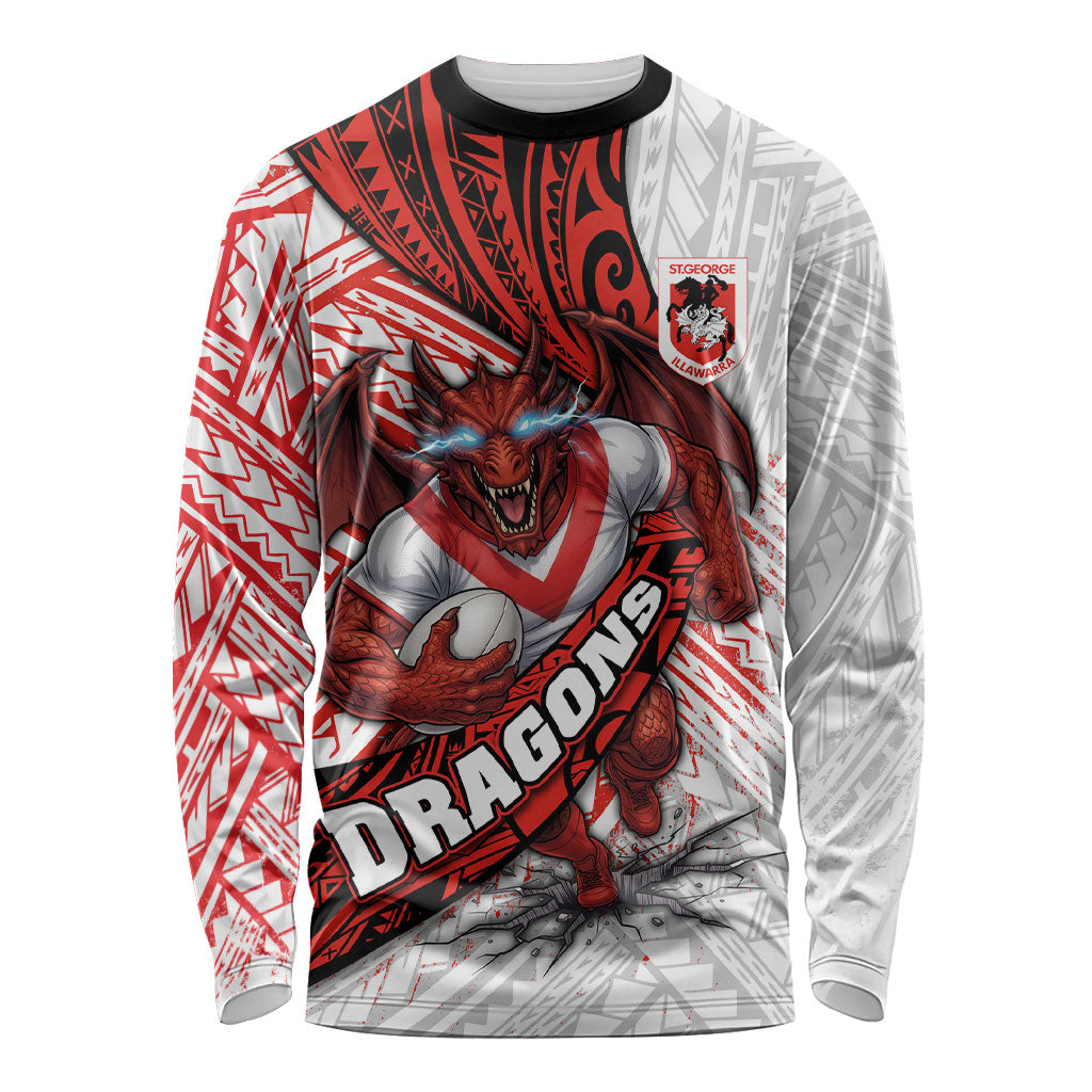 St George Illawarra Dragons Rugby Long Sleeve Shirt Tribal Polynesian Power Art - Lightning Mascot