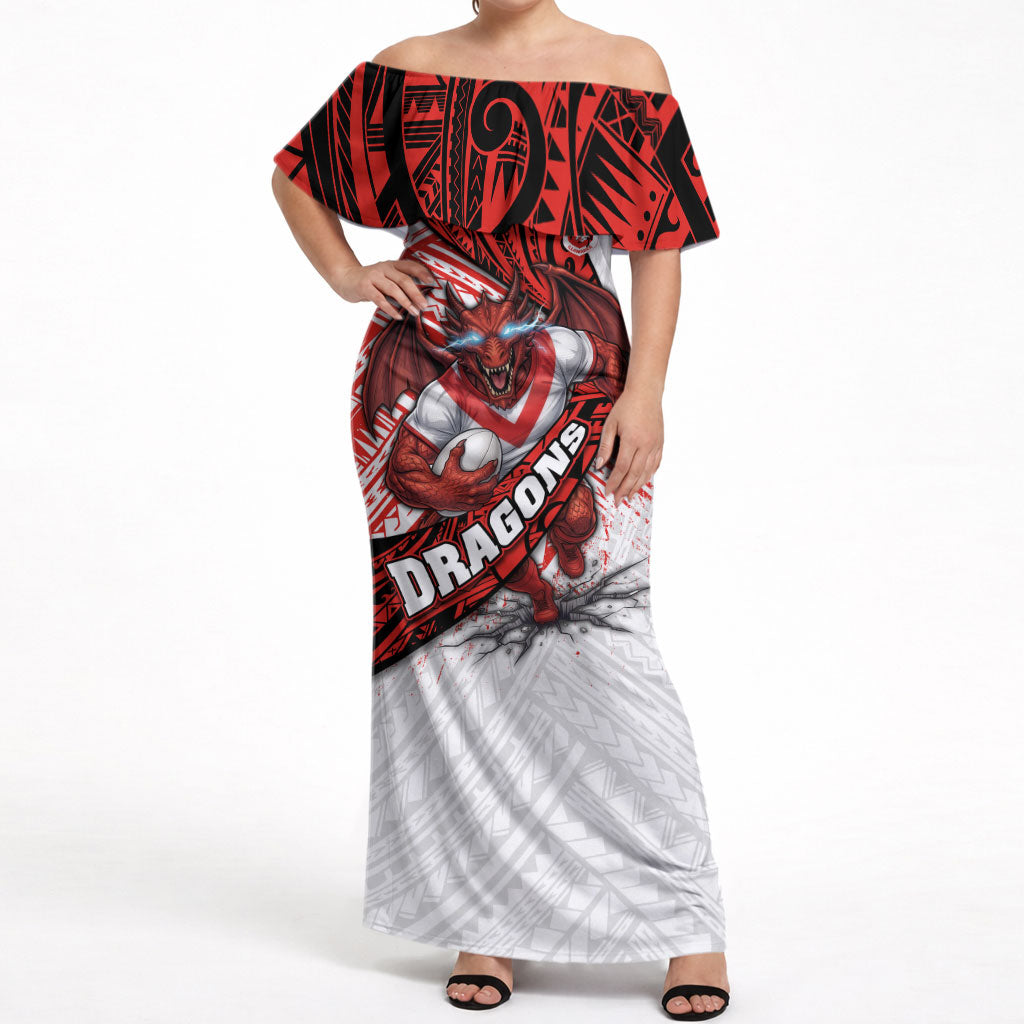 St George Illawarra Dragons Rugby Off Shoulder Maxi Dress Tribal Polynesian Power Art - Lightning Mascot