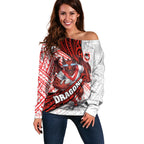 St George Illawarra Dragons Rugby Off Shoulder Sweater Tribal Polynesian Power Art - Lightning Mascot