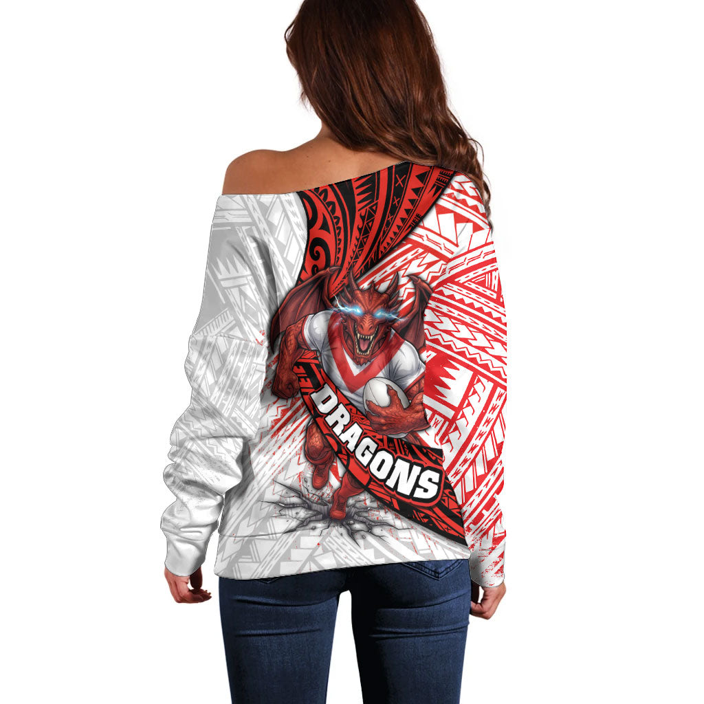 St George Illawarra Dragons Rugby Off Shoulder Sweater Tribal Polynesian Power Art - Lightning Mascot