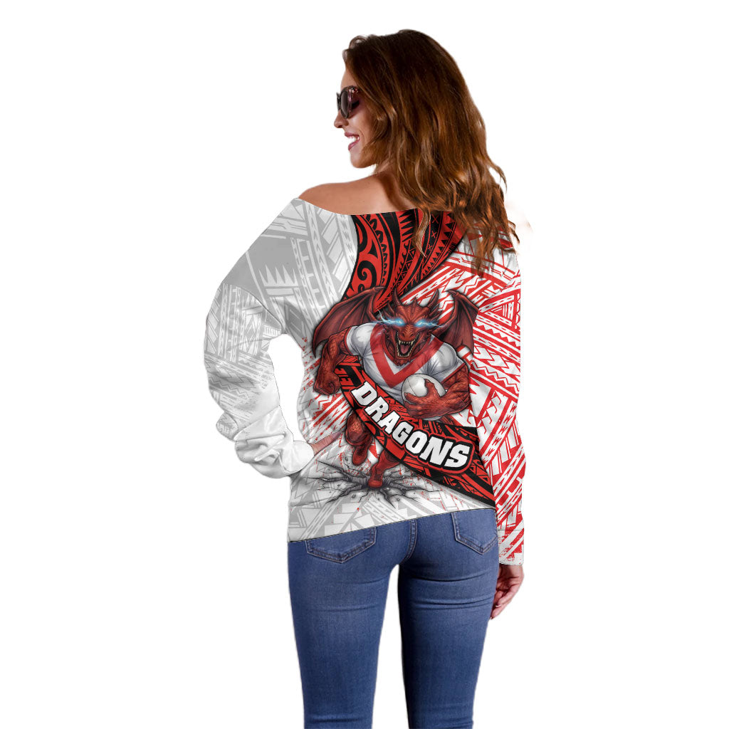 St George Illawarra Dragons Rugby Off Shoulder Sweater Tribal Polynesian Power Art - Lightning Mascot