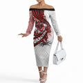 St George Illawarra Dragons Rugby Off The Shoulder Long Sleeve Dress Tribal Polynesian Power Art - Lightning Mascot