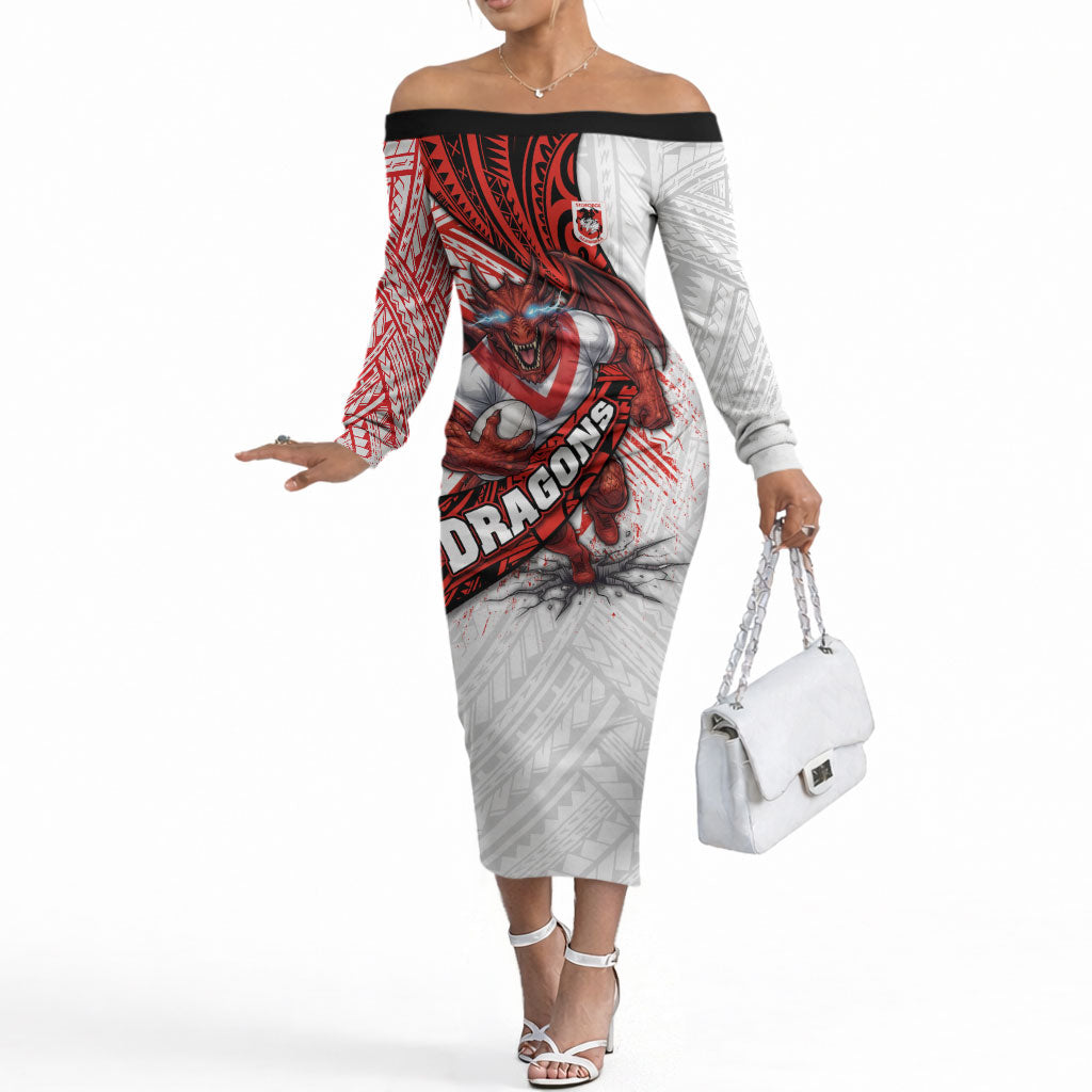 St George Illawarra Dragons Rugby Off The Shoulder Long Sleeve Dress Tribal Polynesian Power Art - Lightning Mascot