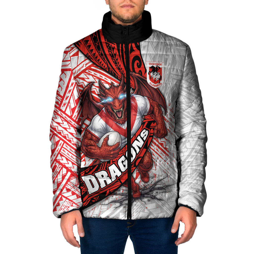 St George Illawarra Dragons Rugby Padded Jacket Tribal Polynesian Power Art - Lightning Mascot