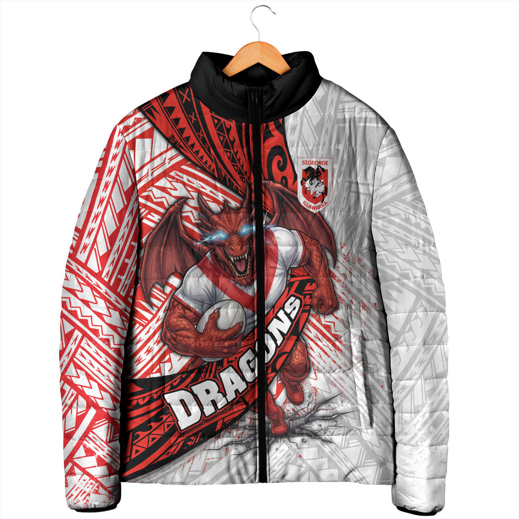 St George Illawarra Dragons Rugby Padded Jacket Tribal Polynesian Power Art - Lightning Mascot