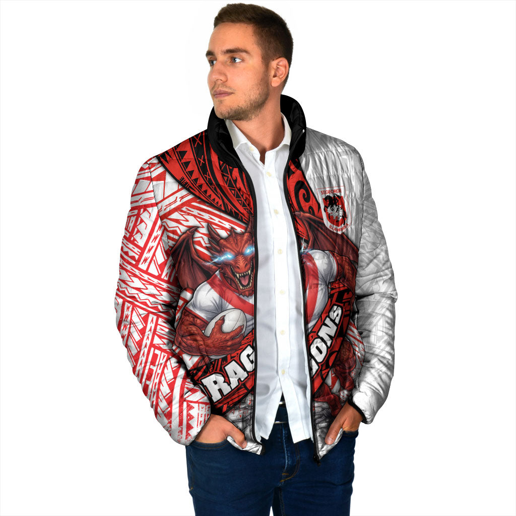 St George Illawarra Dragons Rugby Padded Jacket Tribal Polynesian Power Art - Lightning Mascot
